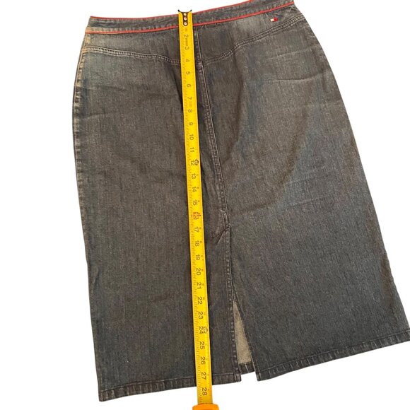 Vtg Tommy Hilfiger Denim Blue Jean Skirt Red Stitch Logo Stretch Pockets Midi - Picture 9 of 11